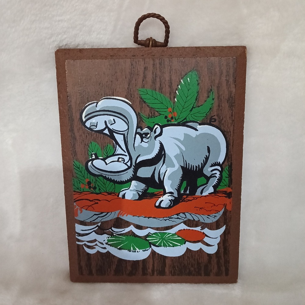 Vtg Hippo Wood Wall Plaque Retro Nursery Decor Kitsch Animal Illustration MCM